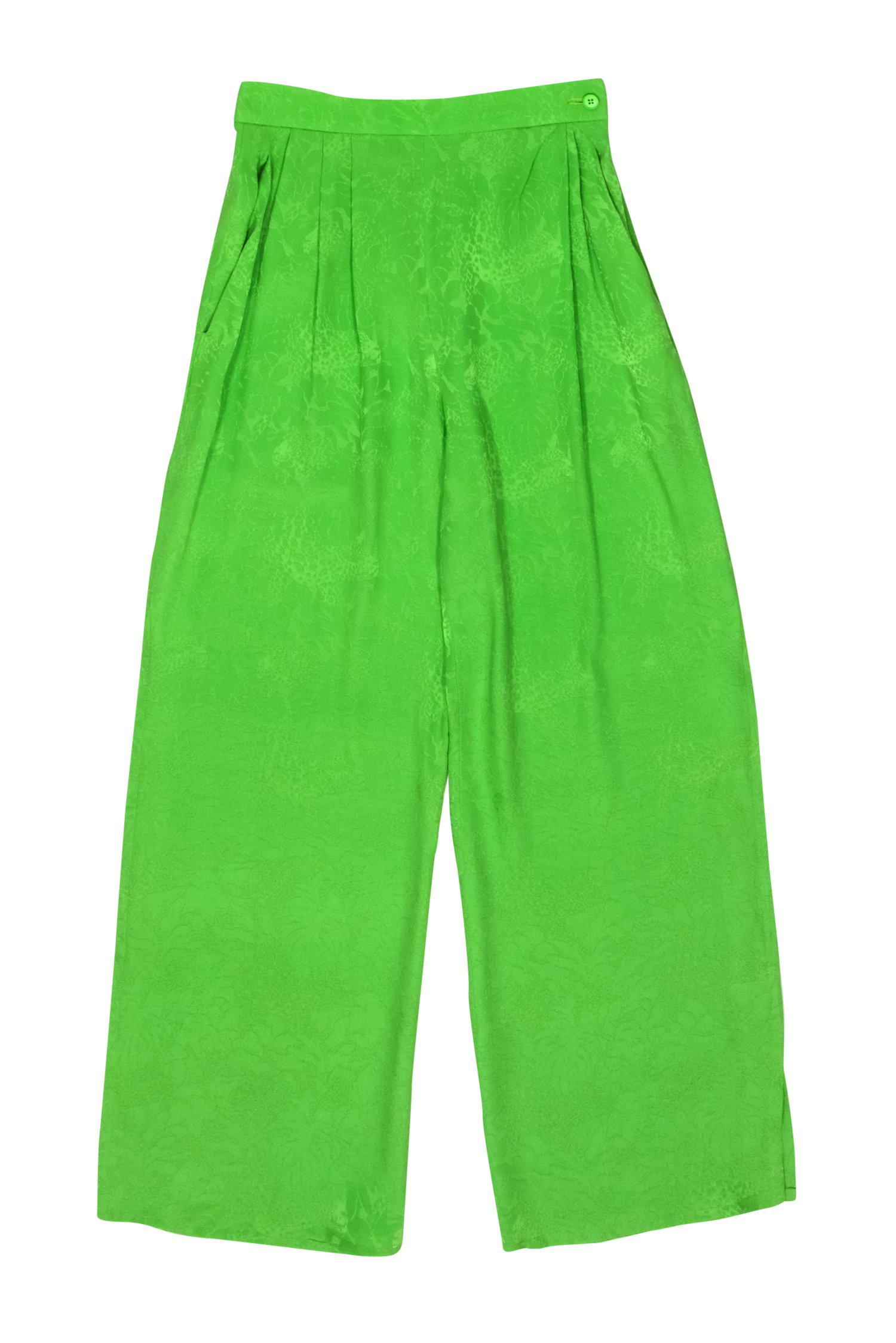 Yves Saint Laurent - Neon Green Tropical Print Jacquard Straight Leg Pants w/ Slits Sz 4
