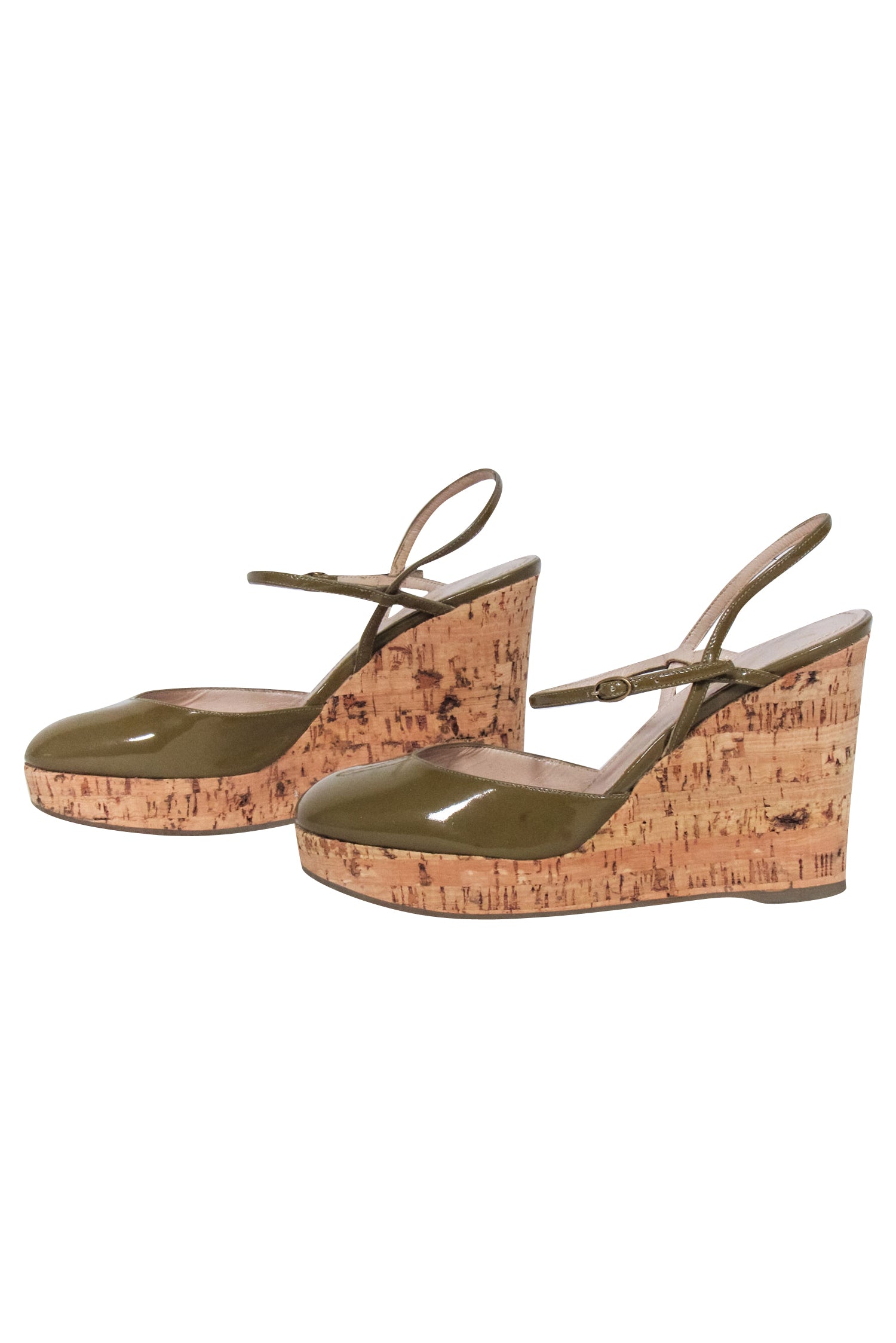 Yves Saint Laurent - Olive Patent Leather Round Toe Wedges Sz 5