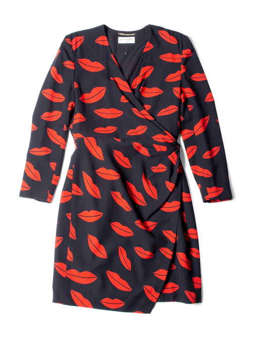 Yves Saint Laurent Silk Lips Print Wrap Dress Black Red