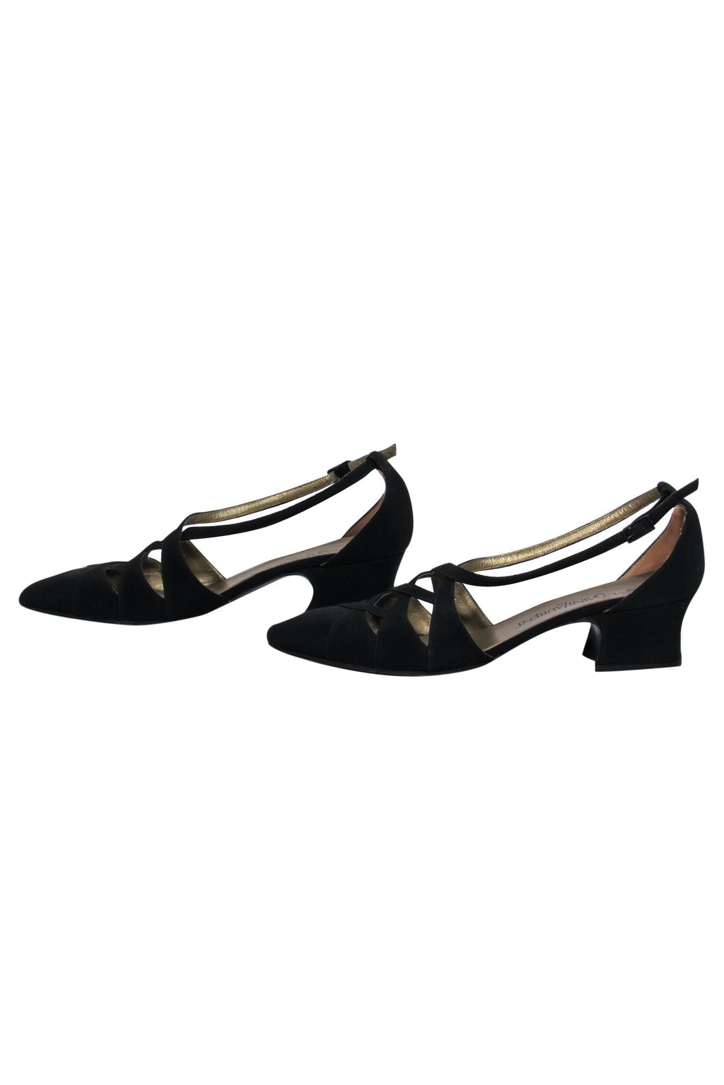 Yves Saint Laurent - Vintage Black Woven Cutout Low Block Heels Sz 7.5
