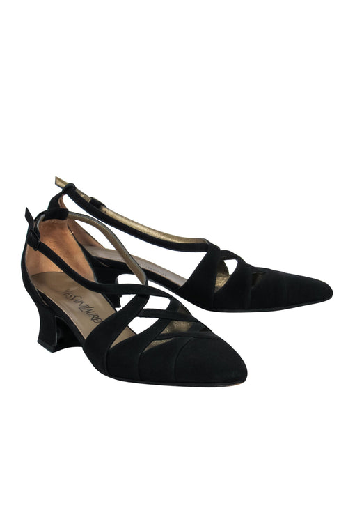 Yves Saint Laurent - Vintage Black Woven Cutout Low Block Heels Sz 7.5