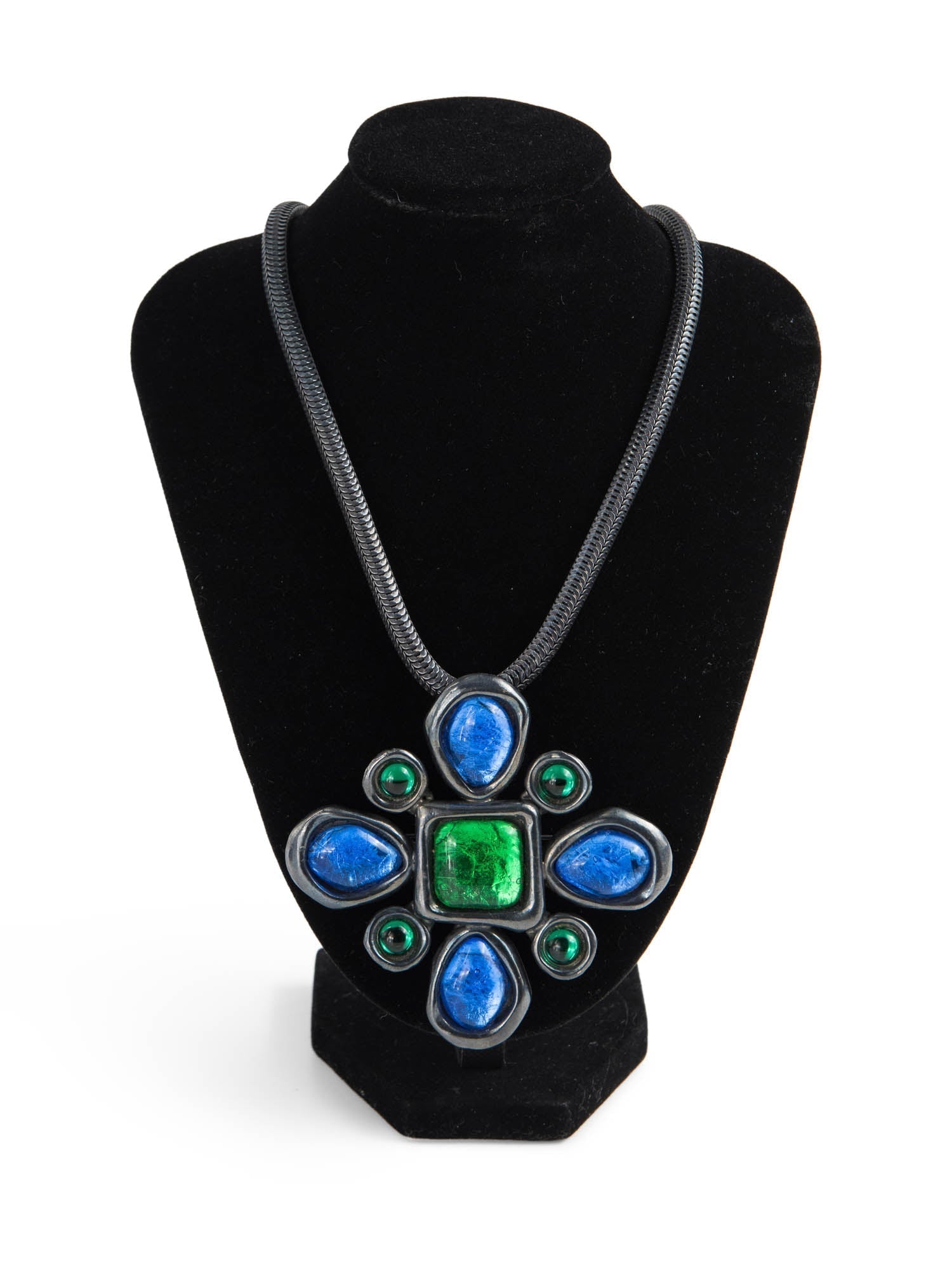 Yves Saint Laurent Vintage Gripoix Cabochon Glass Necklace Green Blue