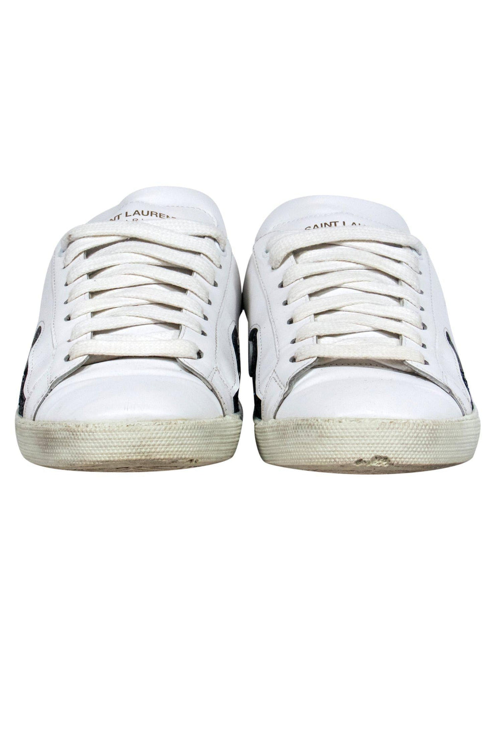 Yves Saint Laurent - White Low Top Sneakers w/ Glitter Patchwork Sz 8