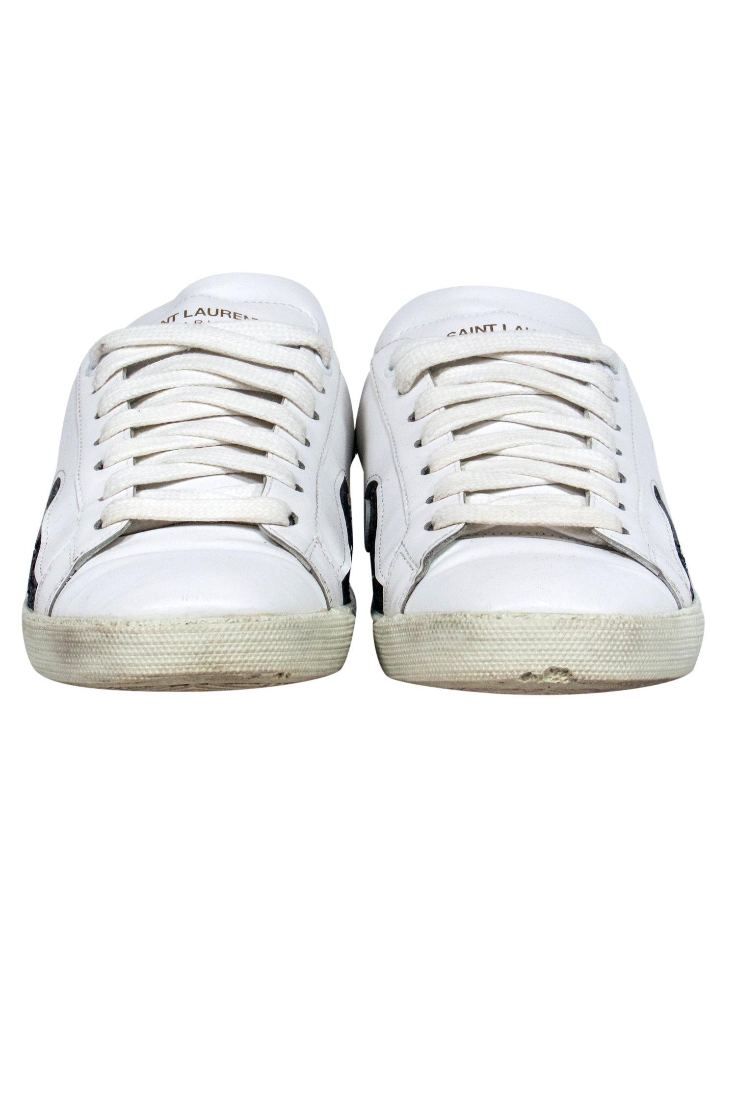 Yves Saint Laurent - White Low Top Sneakers w/ Glitter Patchwork Sz 8
