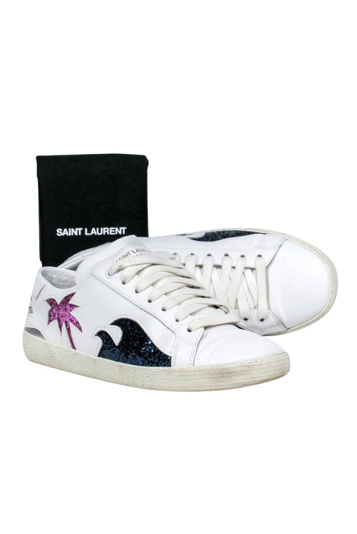 Yves Saint Laurent - White Low Top Sneakers w/ Glitter Patchwork Sz 8