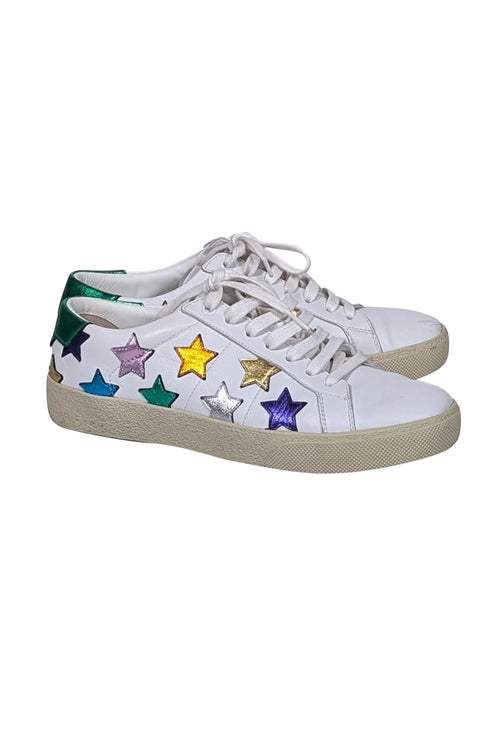 Yves Saint Laurent - White & Multicolor Metallic Star Print Sneakers Sz 8