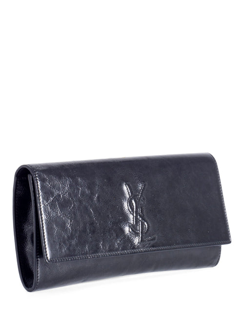 Yves Saint Laurent YSL Logo Patent Leather Flap Clutch Black