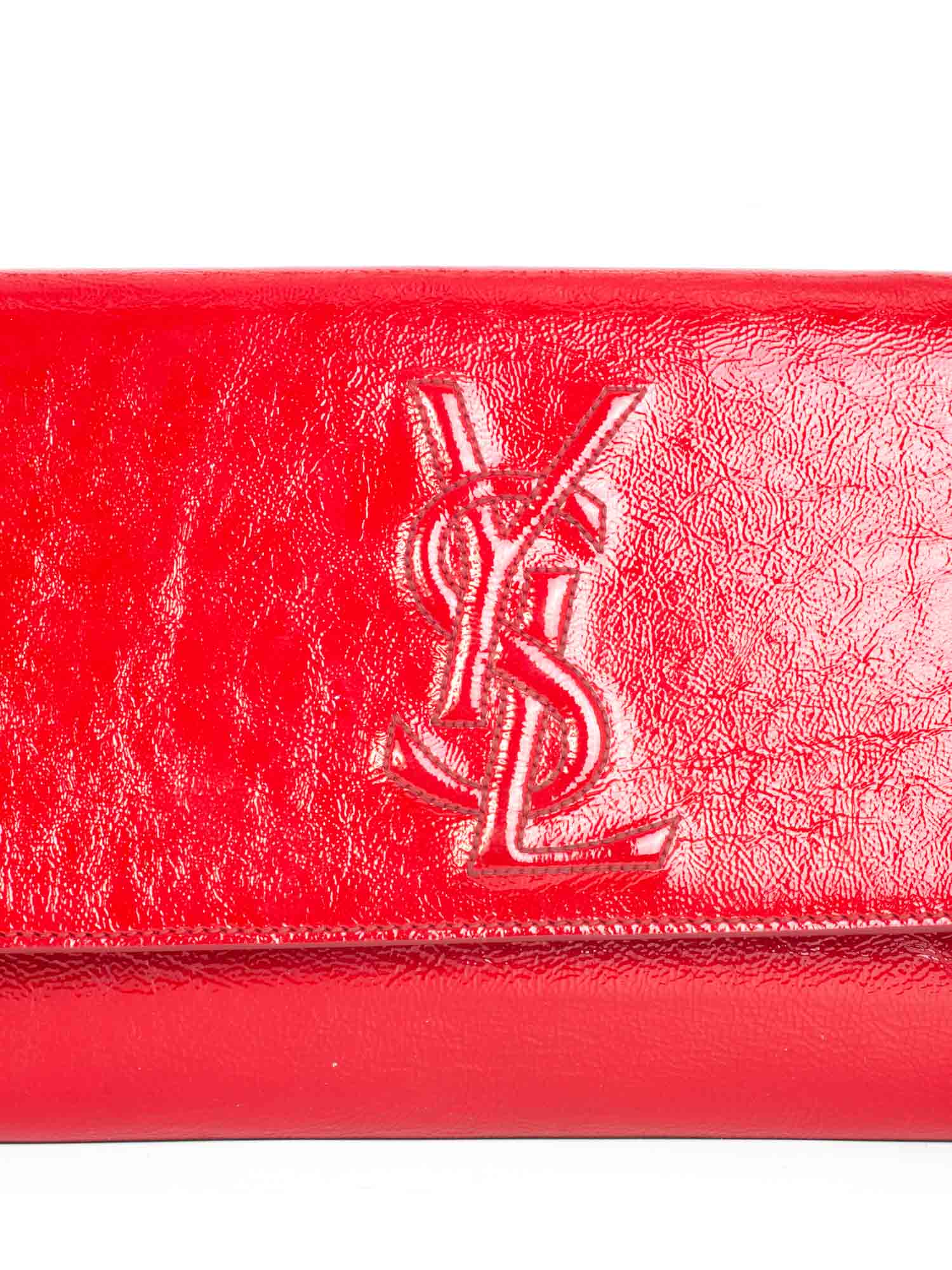 Yves Saint Laurent YSL Logo Patent Leather Large Flap Clutch Red