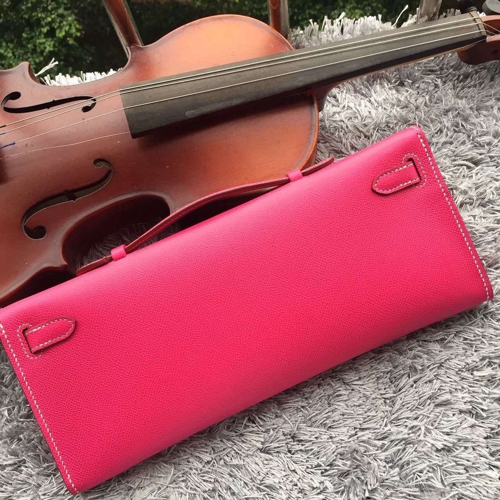 Hermes Rose Red Handcrafted Kelly Cut Clutch