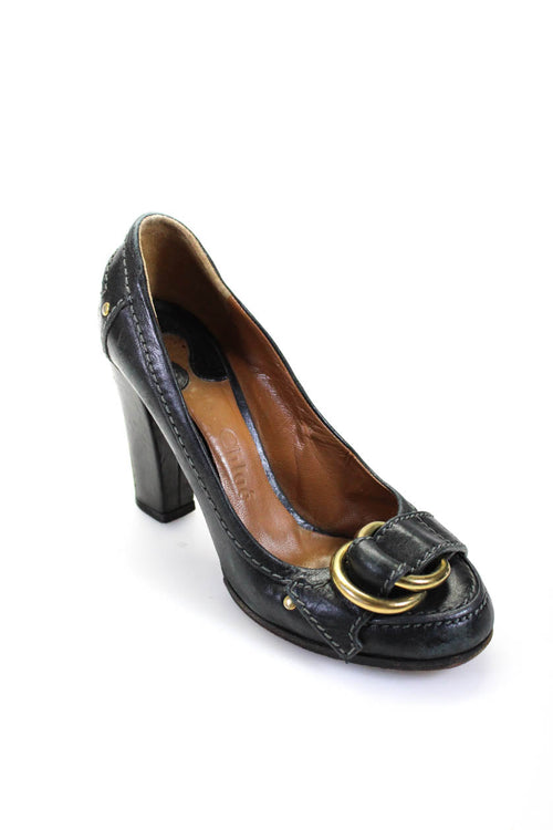 Chloe Womens Leather Double D Ring High Block Heel Pumps Black