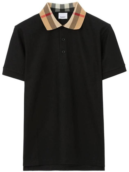 Burberry Check Collar Cotton Polo Shirt Black
