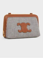 CELINE Cuir Triomphe Striped Textile Calfskin Chain Cluth Bag Navy Blue