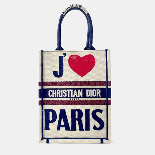 Dior Ivory/Navy/Red Canvas Vertical Book Mini Tote Bag