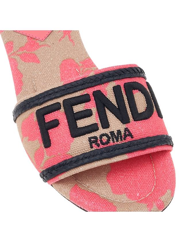 Fendi Rose Print Embroidered Logo Canvas Slide Slippers Pink