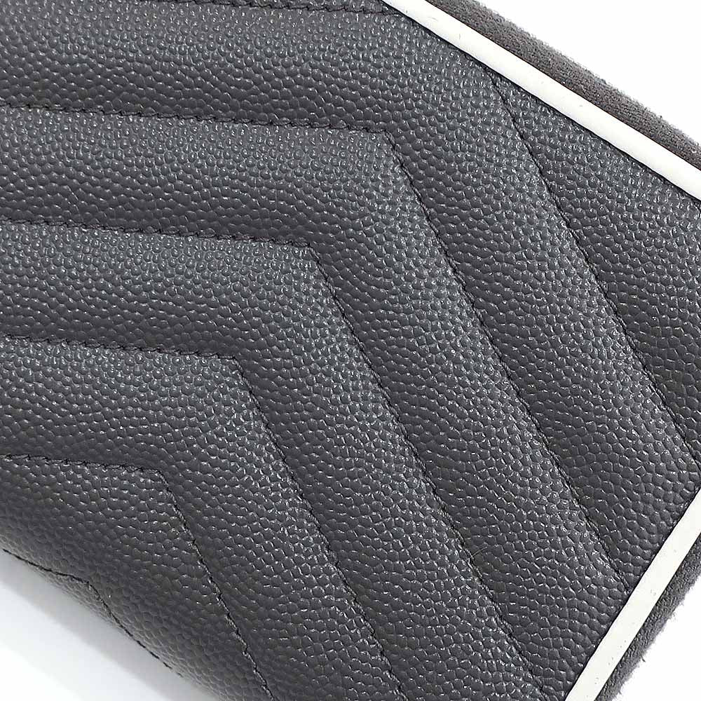 Saint Laurent Double Fold Wallet Compact Round  V Stitch Gr/White Silver  YSL Logo Leather Women  Dress Small etc. Other Preservation Bag