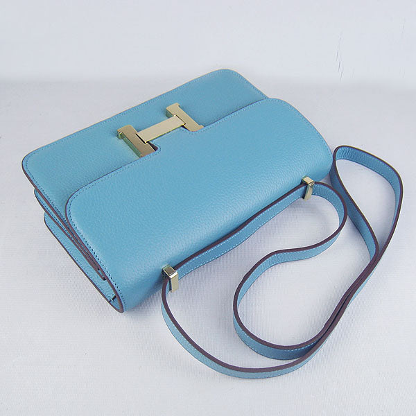 Hermes Calf Leather Message Bag H020 Light Blue Golden