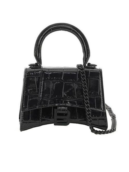 Balenciaga Hourglass Chain Crocodile Embossed Calfskin Shoulder Bag Black