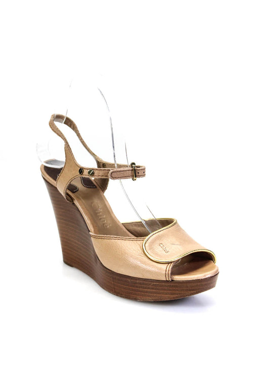 Chloe Womens Leather Peep Toe Platform Ankle Strap Wedge Heels Beige