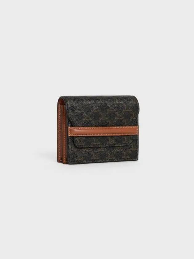 CELINE Triomphe Canvas Strap Business Card Half Wallet Tan