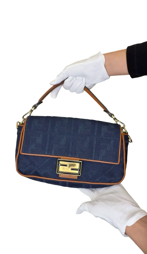 Fendi  2010-2023 Zucca Embroidered Denim Baguette Satchel Blue A-91 A-91