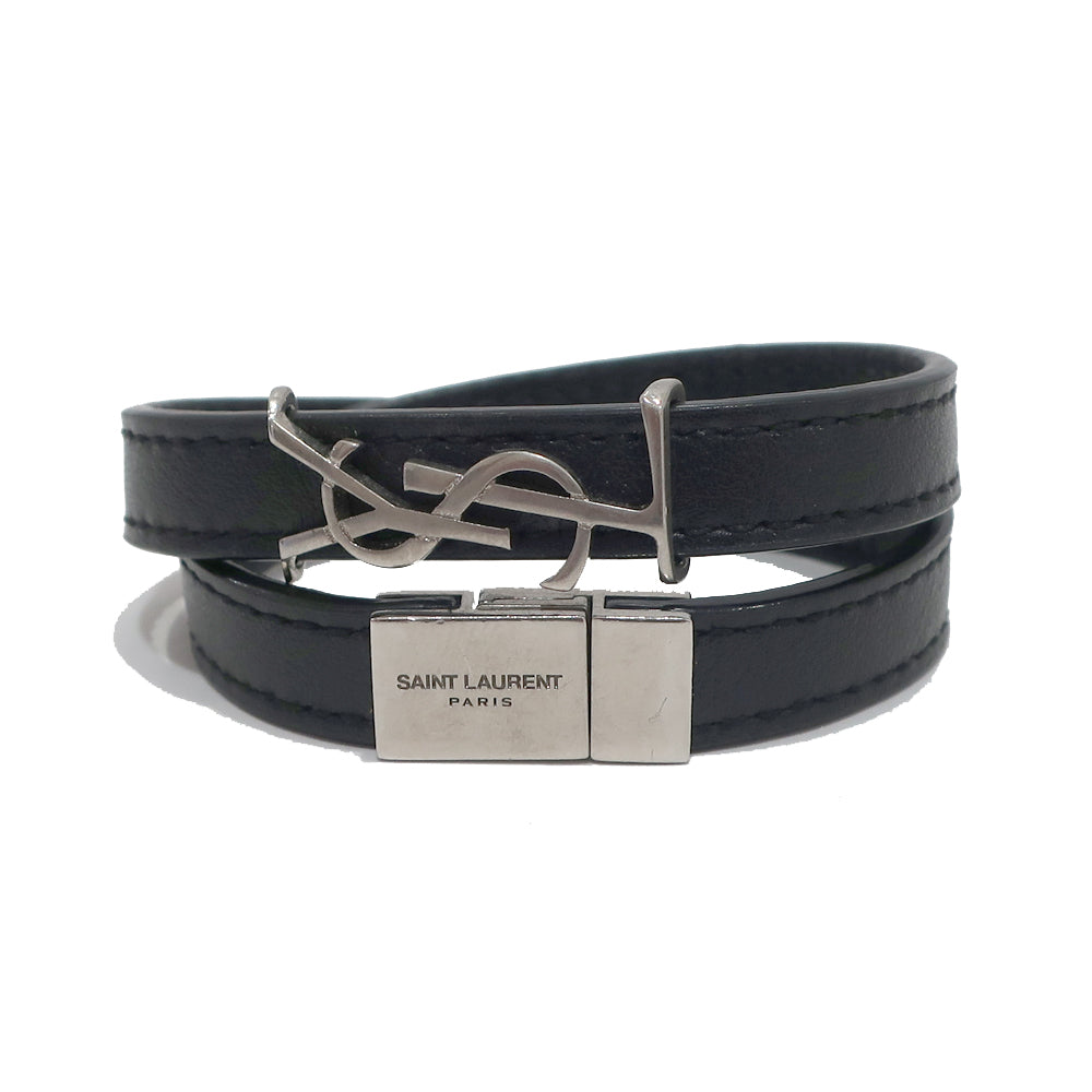 Saint Laurent Opium Double  Bracelet 536073 Black Silver G  Leather  Women Box  Bag