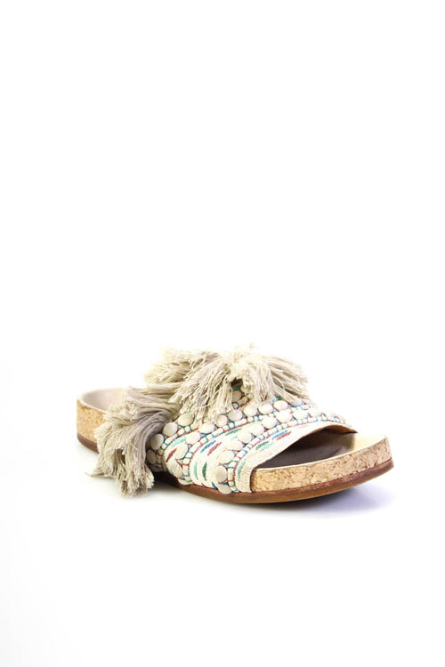 Chloe Womens Fringe Embroidered Slide On Sandals White Multi Colored