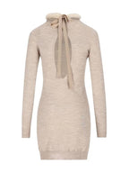Fendi Ribbon Tie Silk Wool Short Dress Beige