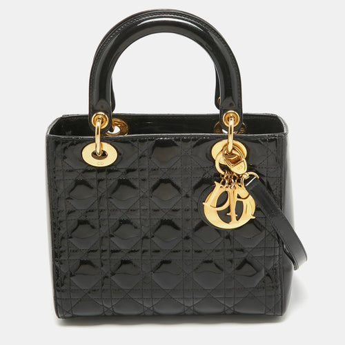 Dior Black Cannage Patent Leather Medium Lady Tote