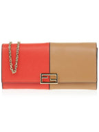 Fendi FF Continental Chain Leather Long Wallet Brown Red