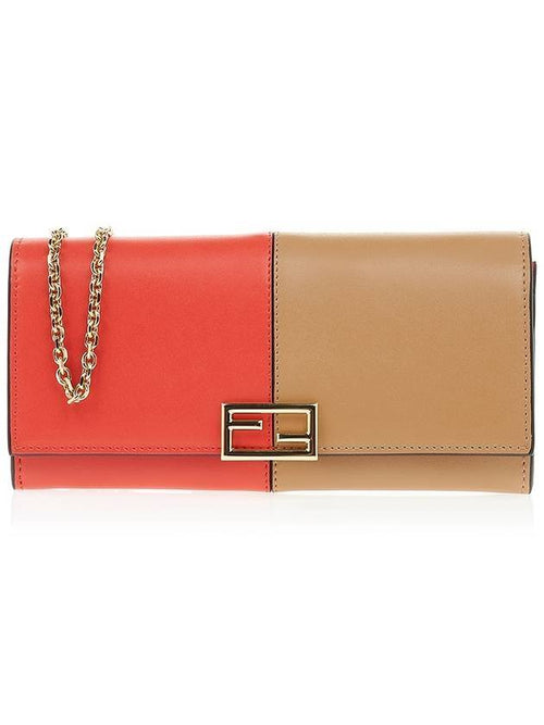 Fendi FF Continental Chain Leather Long Wallet Brown Red