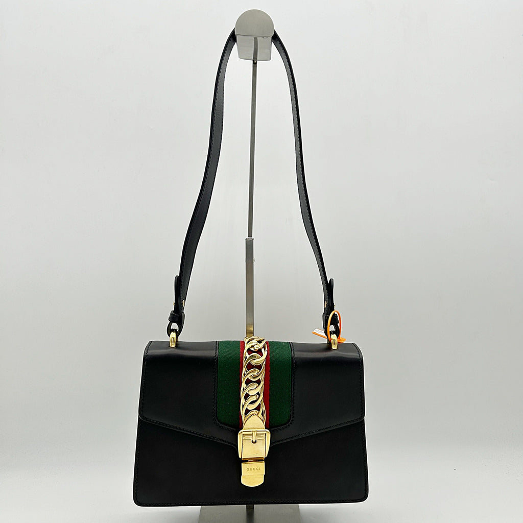 GUCCI Calfskin Small Sylvie Shoulder Bag Black 2504201806