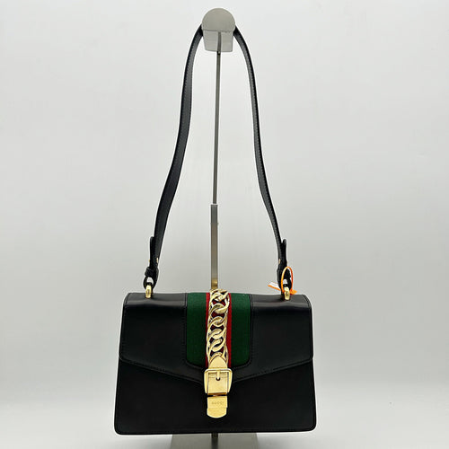 GUCCI Calfskin Small Sylvie Shoulder Bag Black 2504201806