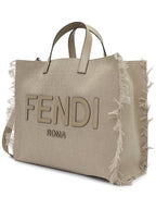 Fendi FF Fabric Tote Bag with Fringes Beige