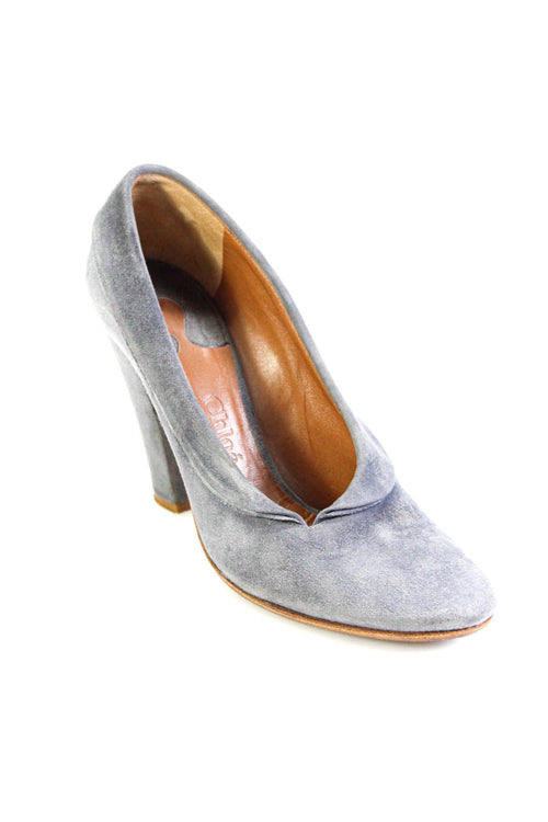 Chloe Womens Folded Collar Slip-On Round Toe Block Heels Pumps Gray
