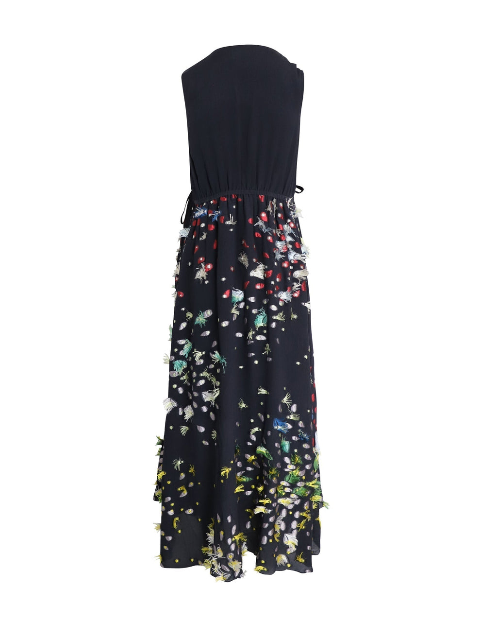 Chloe Embroidered Fringed Sleeveless Maxi Dress in Navy Blue Silk