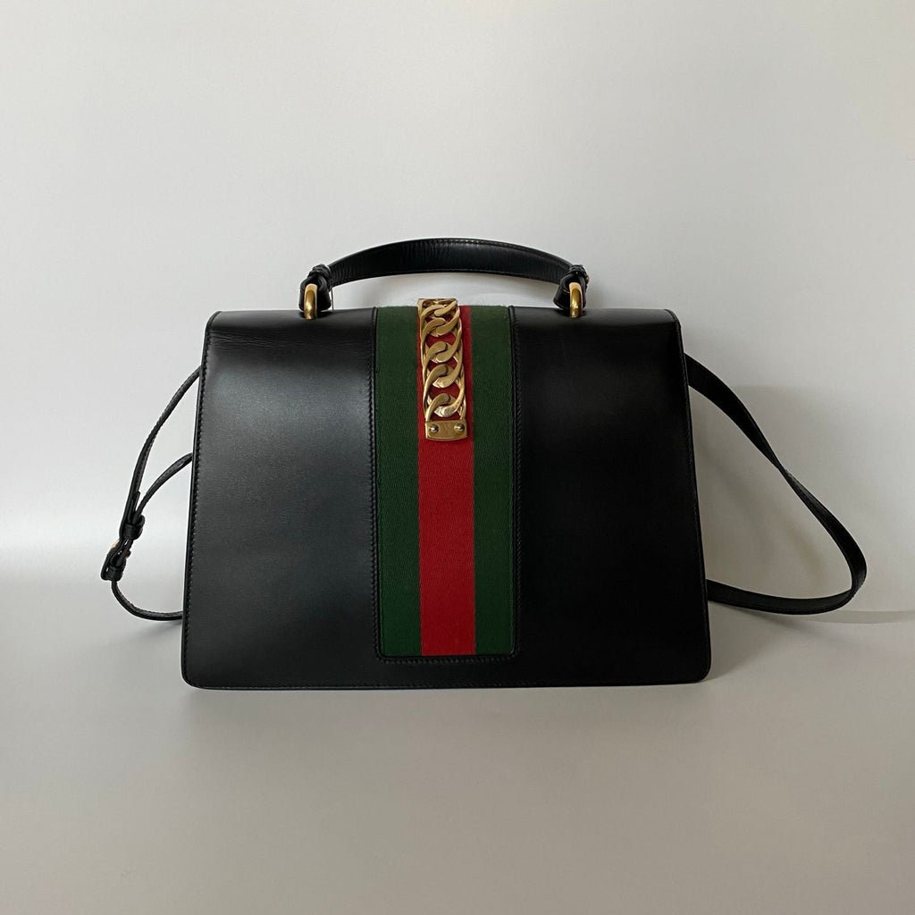GUCCI Calfskin Medium Sylvie Top Handle Bag Black - NG102729