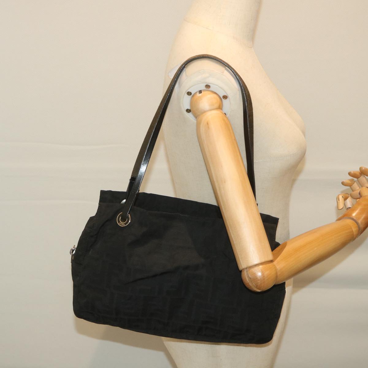 FENDI Zucca Canvas Tote Bag Nylon Leather Blackac2414
