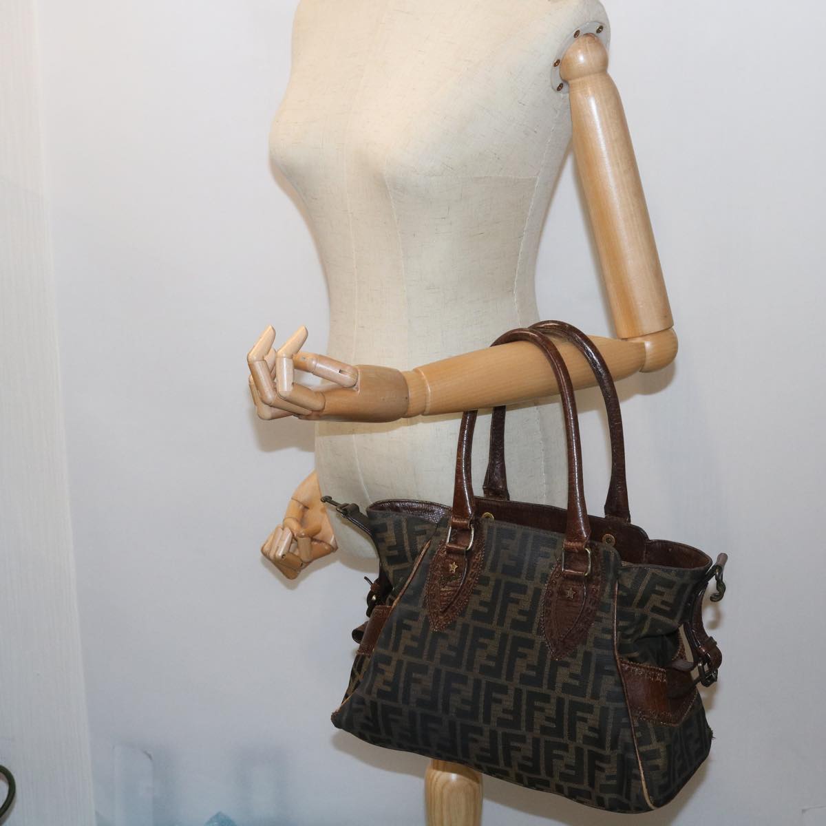 FENDI Zucca Canvas Shoulder Bag Black Brownac2439