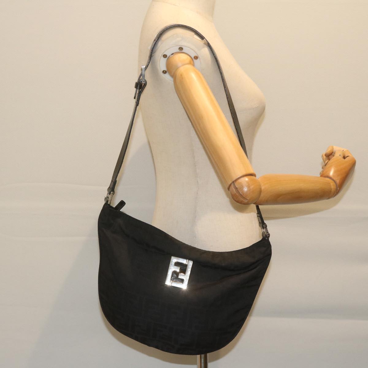 FENDI Zucca Canvas Shoulder Bag Blackac2516