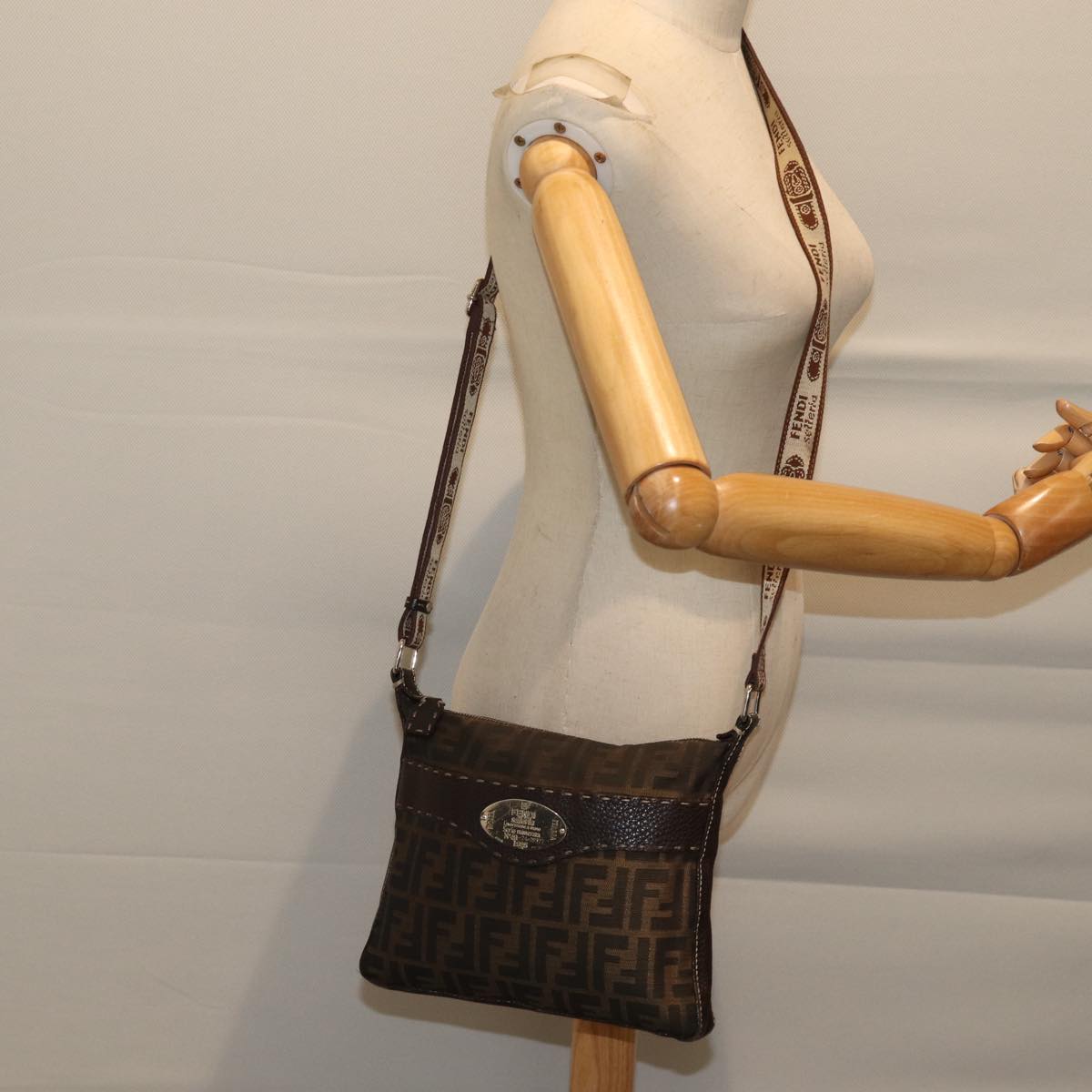 FENDI Zucca Canvas Shoulder Bag Black Brownac2931