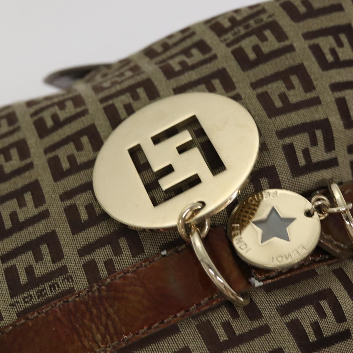 FENDI Zucchino Canvas Shoulder Bag Beige Goldac3210