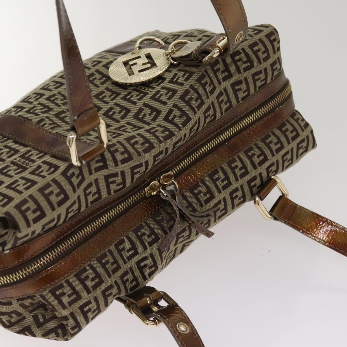 FENDI Zucchino Canvas Shoulder Bag Beige Goldac3210
