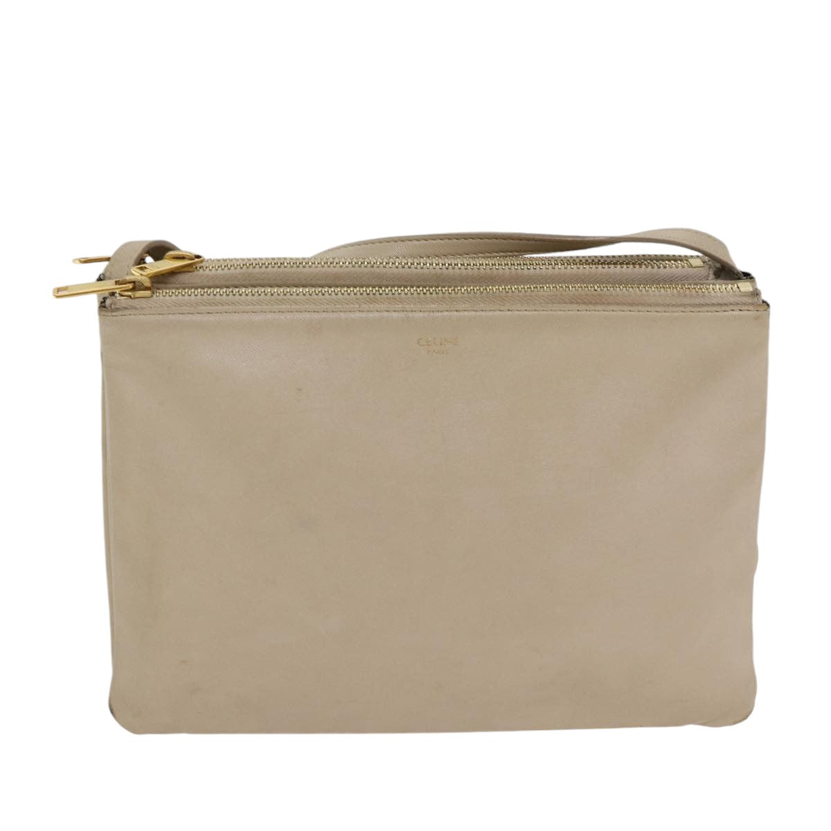 CELINE Trio Shoulder Bag Leather Beige Gold Auth ac3212