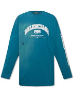 Balenciaga Side Logo Distressed Oversized Long Sleeve T-Shirt Blue