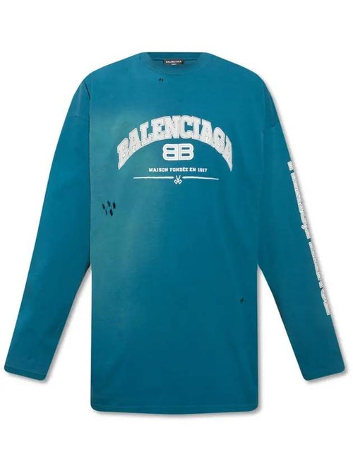 Balenciaga Side Logo Distressed Oversized Long Sleeve T-Shirt Blue