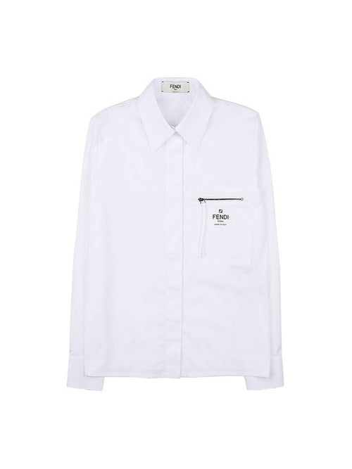 Fendi Chest Logo Zipper Cotton Long Sleeve Shirt White