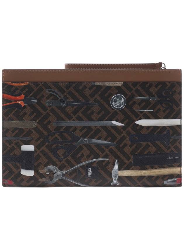 Fendi FF Logo Medium Flat Canvas Clutch Bag Brown