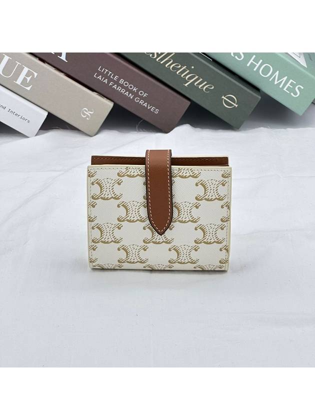 CELINE Triomphe Canvas Lambskin Small Strap Half Wallet White Tan