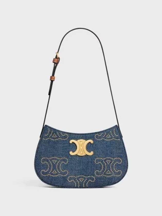 CELINE Tilly Triomphe Studs Medium Denim Shoulder Bag Blue