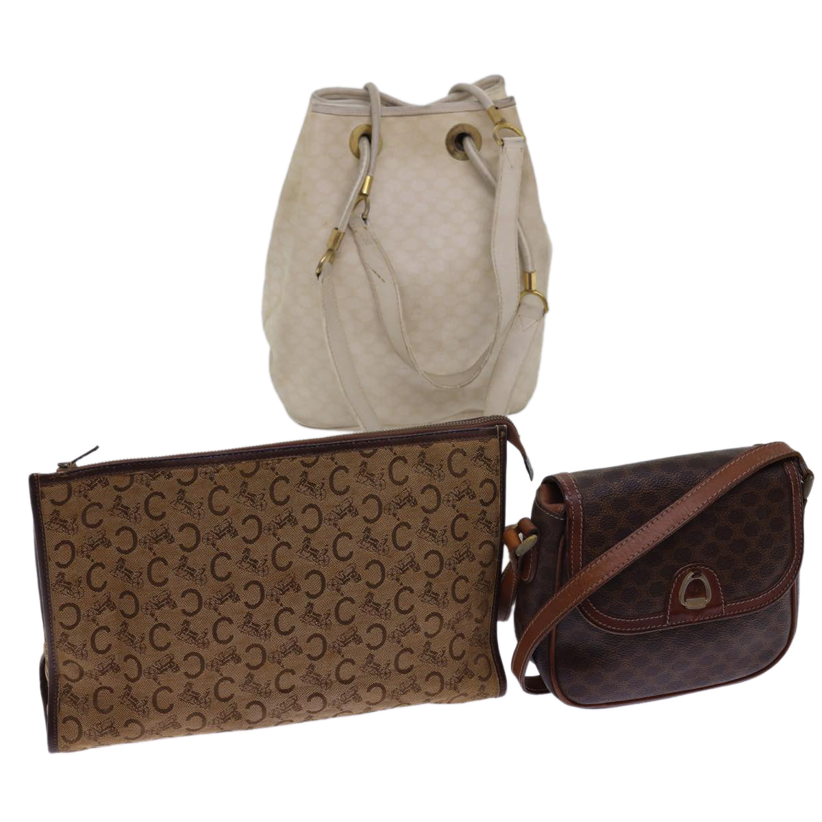 CELINE Shoulder Bag Canvas Leather 3Set Brown Beige  am5026